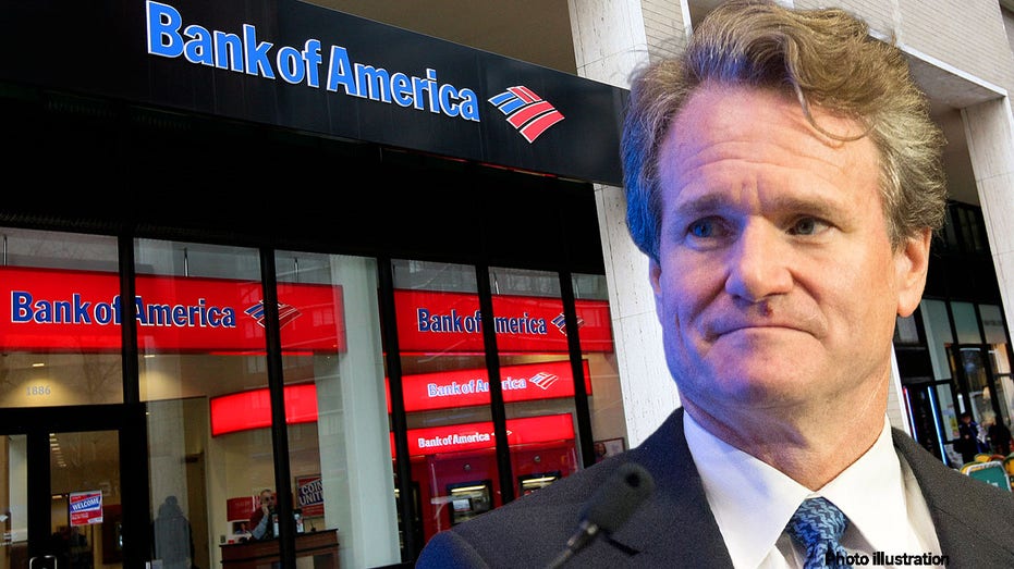Una ilustración fotográfica del CEO de Bank of America, Brian Moynihan, con una tienda bancaria al fondo.